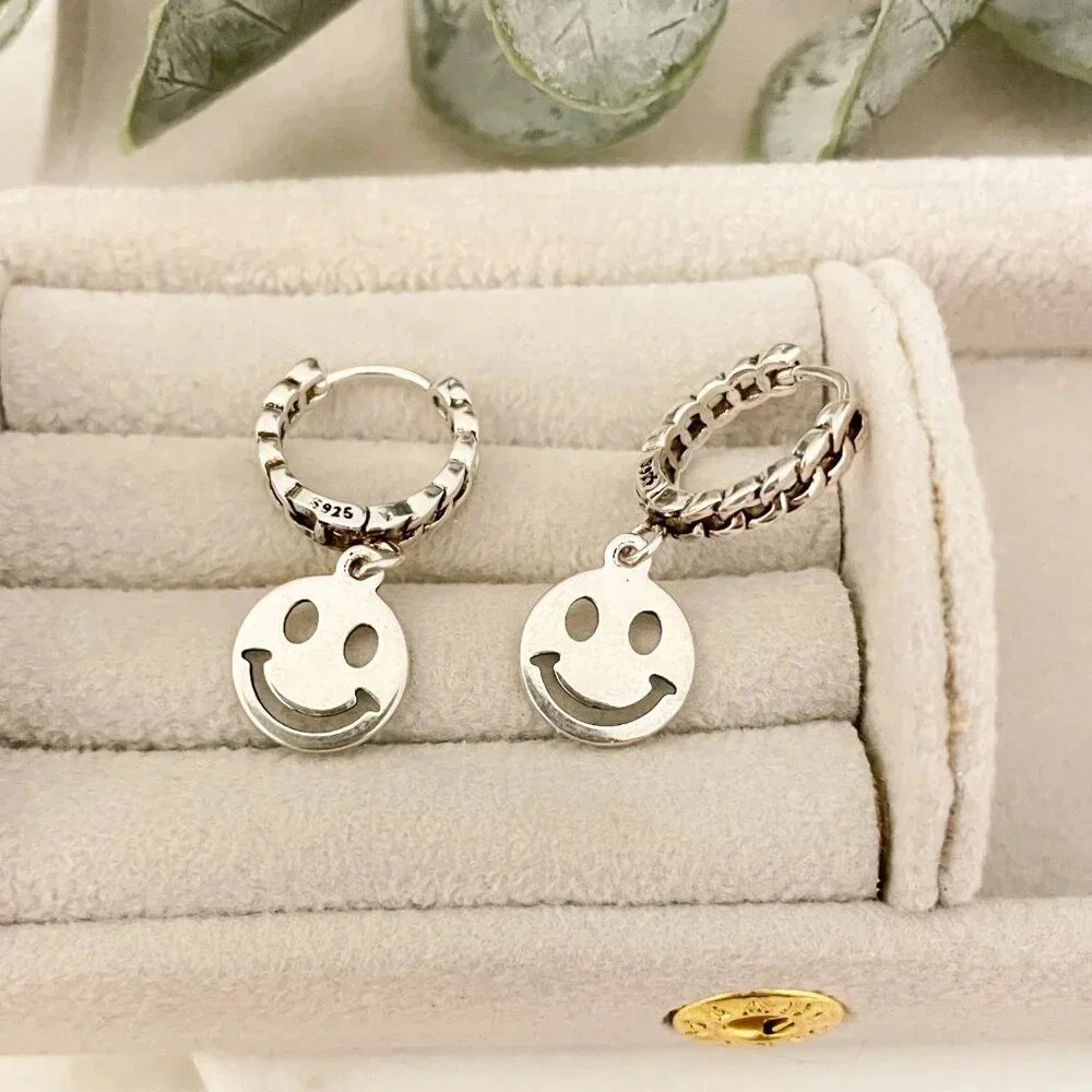 925 Sterling Silver Smiley Face Earrings Small Hoop Happy Face Earrings